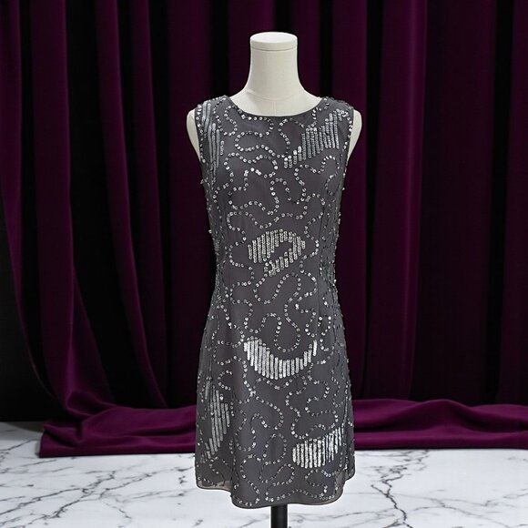 Pisarro Nights Gray Silk Sequin Beaded Cocktail Dress Size 8 Sleeveless Party - Picture 1 of 11